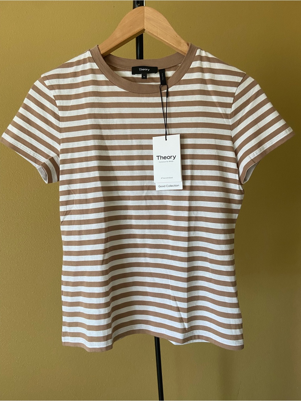 Theory Brown and White Striped Short Sleeve Crewneck Tee sz M
